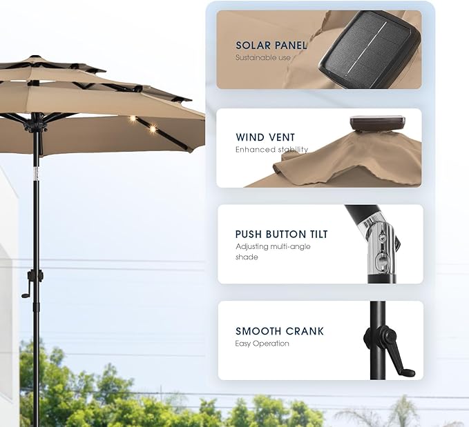 wikiwiki 9FT 3Tiers Solar Led Patio Umbrella, Sturdy Outdoor Market Umbrella for Deck, Pool, Garden w/Tilt, Crank, 32 LED Lights, Tan