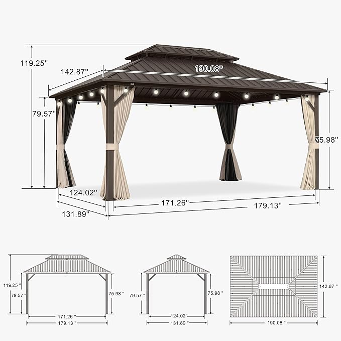 PURPLE LEAF 12’ X 16' Hardtop Gazebo Outdoor Metal Frame Galvanized Steel Double Roof with Curtains and Nettings for Patio Desk Backyard Bronze