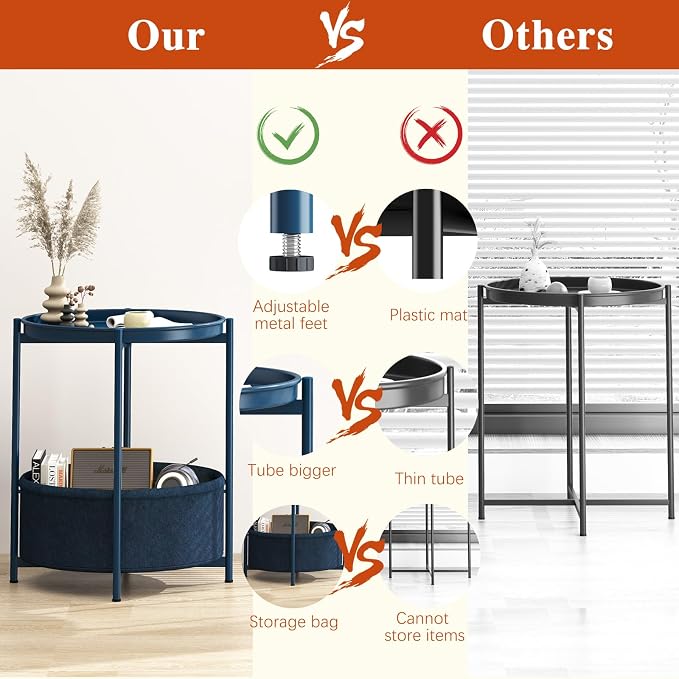 Garden 4 you Side Table with Fabric Storage Basket, Round Metal End Table, Small Bedside Table Nightstand with Removable Tray, for Nursery, Living Room, Bedroom, Bathroom, Blue