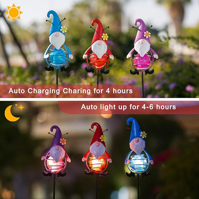 Gnome Solar Garden Lights, 22.4" H Waterproof Decorative Solar Stake Light, 3 Pcs Outdoor Statues Figurine Lights for Spring Garden Lawn Patio Yard Decoration