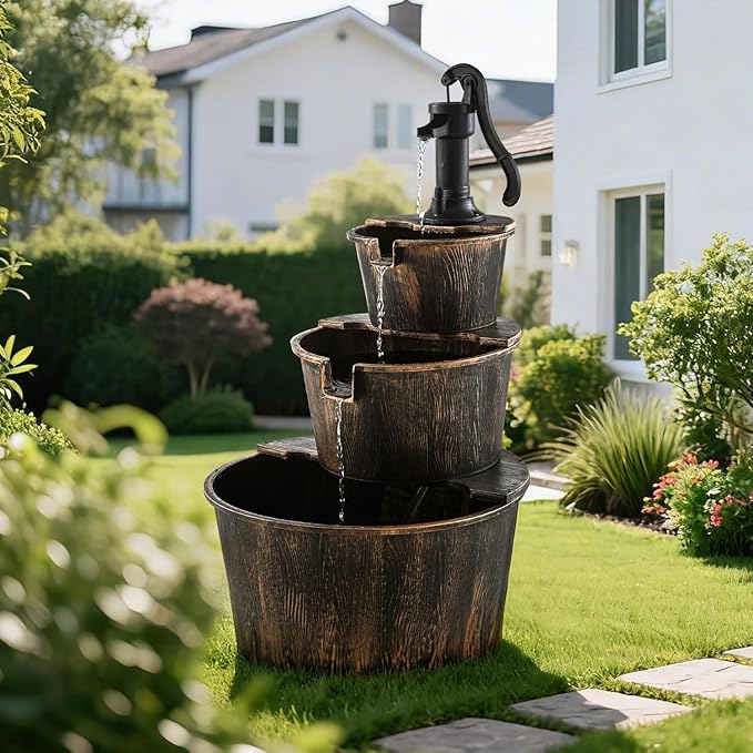 3-Tier Freestanding Rustic Barrel Waterfall Fountain,40-Inch Wood Outdoor Water Fountain with Pump for Garden,Patio, Backyard and Porch