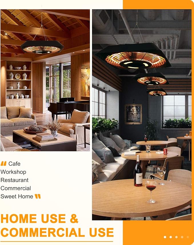 Star Patio Electric Patio Heater, Outdoor Heater with Remote and Touch Switch, 750W/1500W Infrared Hanging Heaters with SQUARE SHAPE Black Finish, IP45 Waterproof, STP1568-RMLED-SQN2025