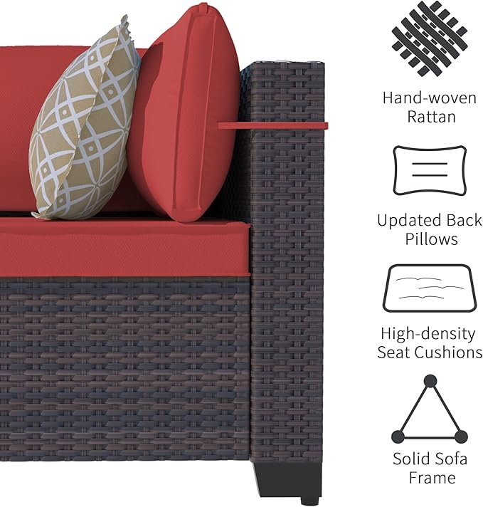 Outdoor Patio Furniture Set with Gas Fire Pit Table, 10 Pieces Outdoor Furniture Set Patio Sectional Sofa w/43in Propane Fire Pit, PE Wicker Rattan Patio Conversation Sets -Red.