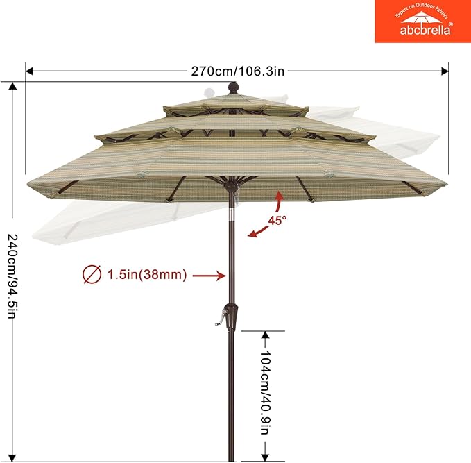 ABCCANOPY 5-Year 10-Year No Fading 9FT 3 Tiers Patio Umbrella, Outdoor Table Umbrella with 8 Sturdy Ribs for Deck, Backyard, Garden, Yard