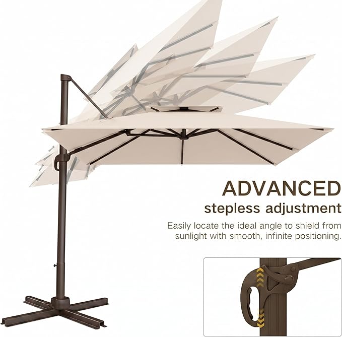 Kingdura Cantilever Patio Umbrella with Double Top Vent, Large Square Aluminum Outdoor Offset Umbrella with 360-degree Rotation, Infinite Tilt, UV Protection for Pool Deck Garden Patio