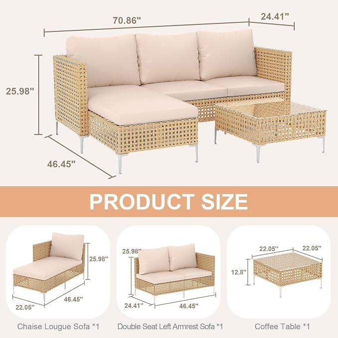 3 Pieces Small Patio Furniture Set,Wicker Chaise Longue Conversation Set, Rattan L-Shaped Sofa Couch with Coffee Table for Deck Porch Balcony and Garden