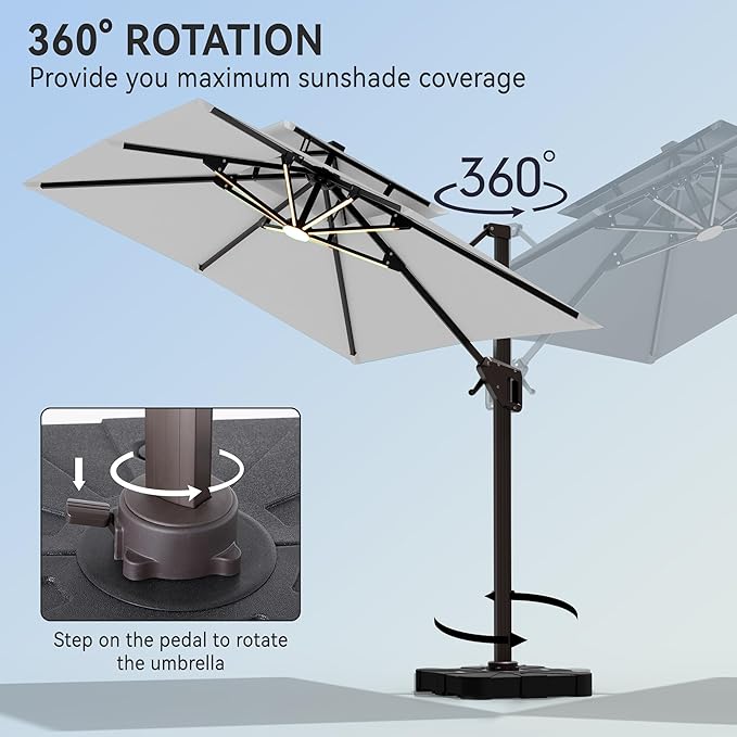10' X 13' Cantilever Patio Umbrella with Led Lights Double Top Rectangular Outdoor Large Offset Umbrellas with 7 Tilts Adjustable 360°Rotation for Deck Pool Garden Backyard, Fog Grey