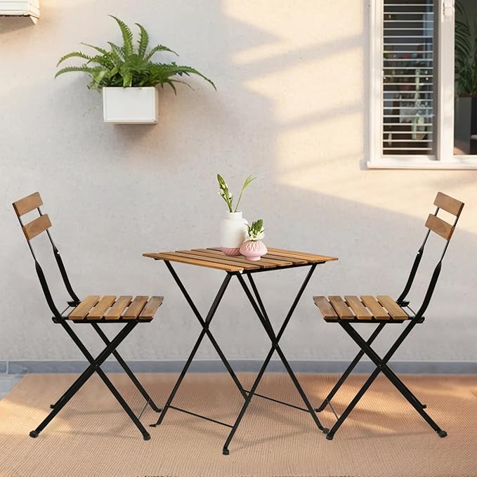 3 Pieces Folding Patio Furniture Set Bistro Set Portable Conversation Set All Weather Resistant Outdoor Furniture with 2 Folding Chairs Table for Patio Outdoor Backyard, Nature