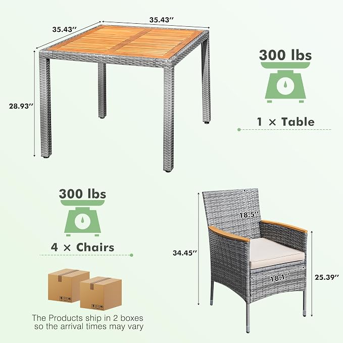 GUNJI 5 PCS Patio Table and Chairs Sets Small Outdoor Dining Set for 4 (Gray)
