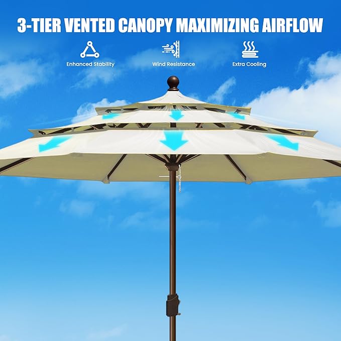 EliteShade USA 10-Year-Non-Fading 11ft 3-Tier Market Patio Umbrella, Commercial Grade Outdoor Table Umbrella with Crank Open, Windproof & UPF 50+ UV Protection, Heavy Duty Ventilation for Garden, Deck, Pool, Backyard, Beach & Bistro, No Tilt, Natural