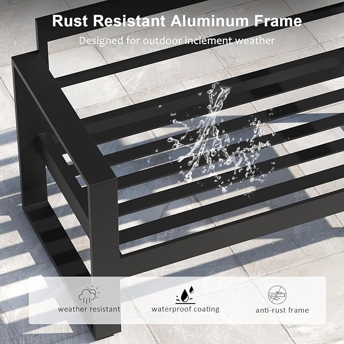 LayinSun 5 Pieces Aluminum Outdoor Patio Furniture Set, Metal Modern Conversation Sofa Set with Fire Pit Table and Washable Thick Cushions for Porch, Backyard, Deck