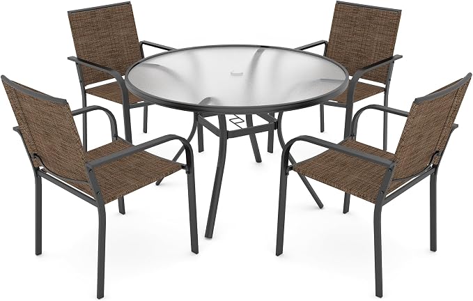 Anmutig 5-Piece Outdoor Dining Set, 40-Inch Round Glass Table with 4 Stackable Chairs, Brown