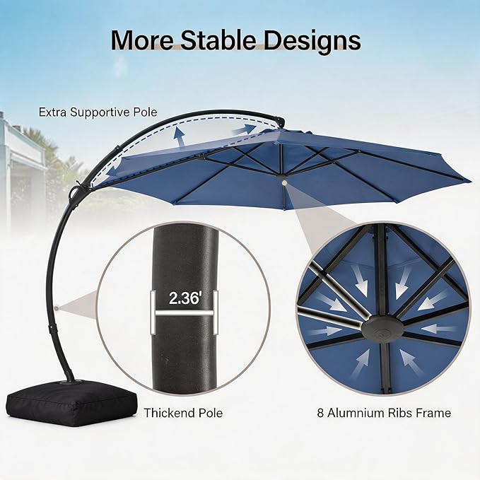 LAUSAINT HOME 12ft Patio Cantilever Umbrella with Base Included, Outdoor Curvy Round Offset Umbrella, Heavy Duty Aluminum, 360° Rotation for Pool, Deck, Lawn, Backyard (Navy blue)