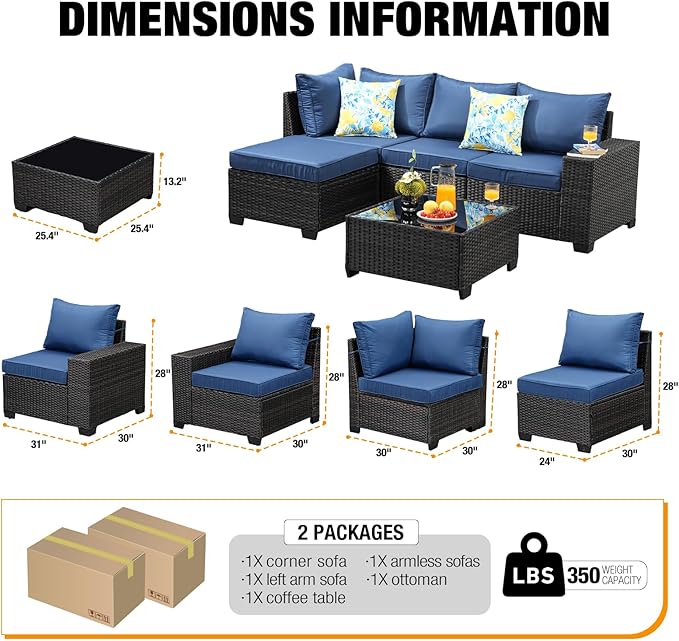 5 Pieces Patio Furniture Set,Wicker PE Rattan Outdoor Sectional with Cushion & Coffee Table, Patio Conversation Sofa for Garden, Backyard, Poolside, Navy