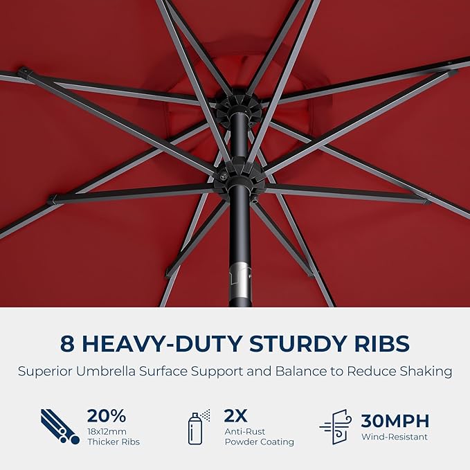 HOMSHADE 9ft Solar Patio Umbrella - Solar Lights LED Lighted Outdoor Market Table Umbrella, UPF50+ UV Protection with Push Button Tilt, Crank for Pool Deck and Garden (Burgundy Red)