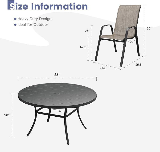 VICLLAX Round Patio Dining Set for 8, Metal Slatted Patio Table with Umbrella Hole and Stackable Patio Chairs for Deck Lawn Garden, Brown Fabric and Black Tabletop
