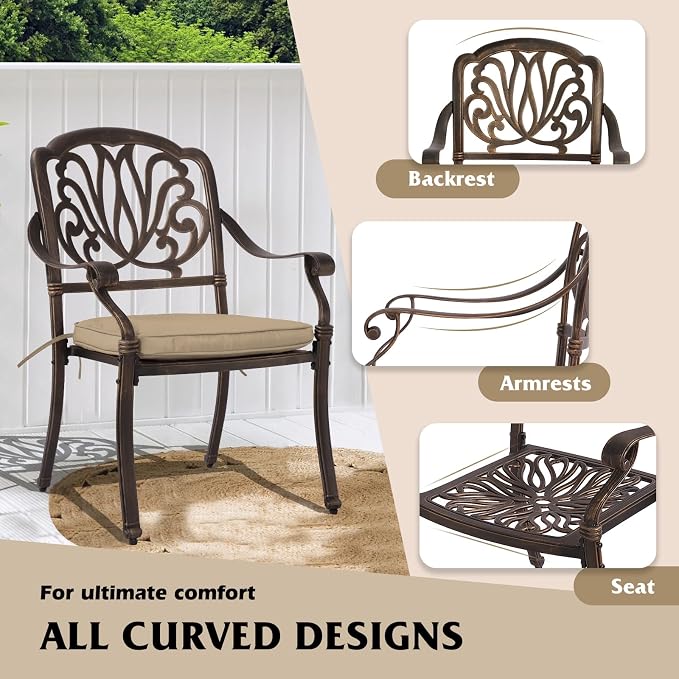 MAGIC UNION 9 Pieces Outdoor Dining Set, Cast Aluminum Retro Patio Dining Set Includes 87" Rectangular Dining Table with Umbrella Hole and 8 Stackable Dining Chairs with Cushions (Khaki)