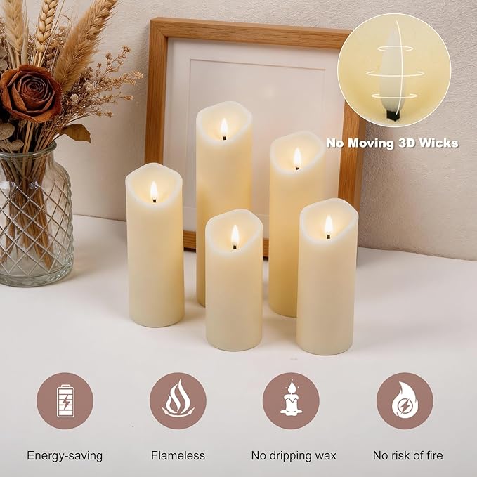 Flickering Flameless LED Candles with 5 PCS (H5 5.5" 6" 7" 8"), Fake Battery Operated Pillar Candles - 3D, Remote and Timers, Real Wax Candles for Home/Wedding/Fireplace Xmas Decor (Ivory)