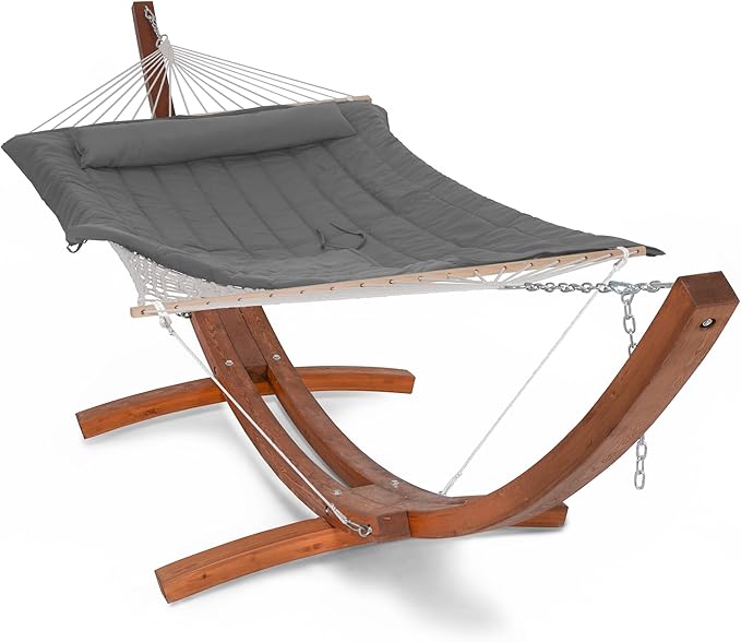 SUNCREAT Freestanding 2 Person Rope Hammock with Stand, Stand Alone Hammocks for Outside, 475 lbs Capacity, Dark Grey