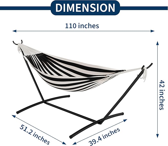 Double Hammock with Heavy Duty Space-Saving Steel Stand for 2 Person - Portable, 450lbs Capacity - Indoor Outdoor Use, Includes Carry Bag - Perfect for Garden, Camping, Beach - Black