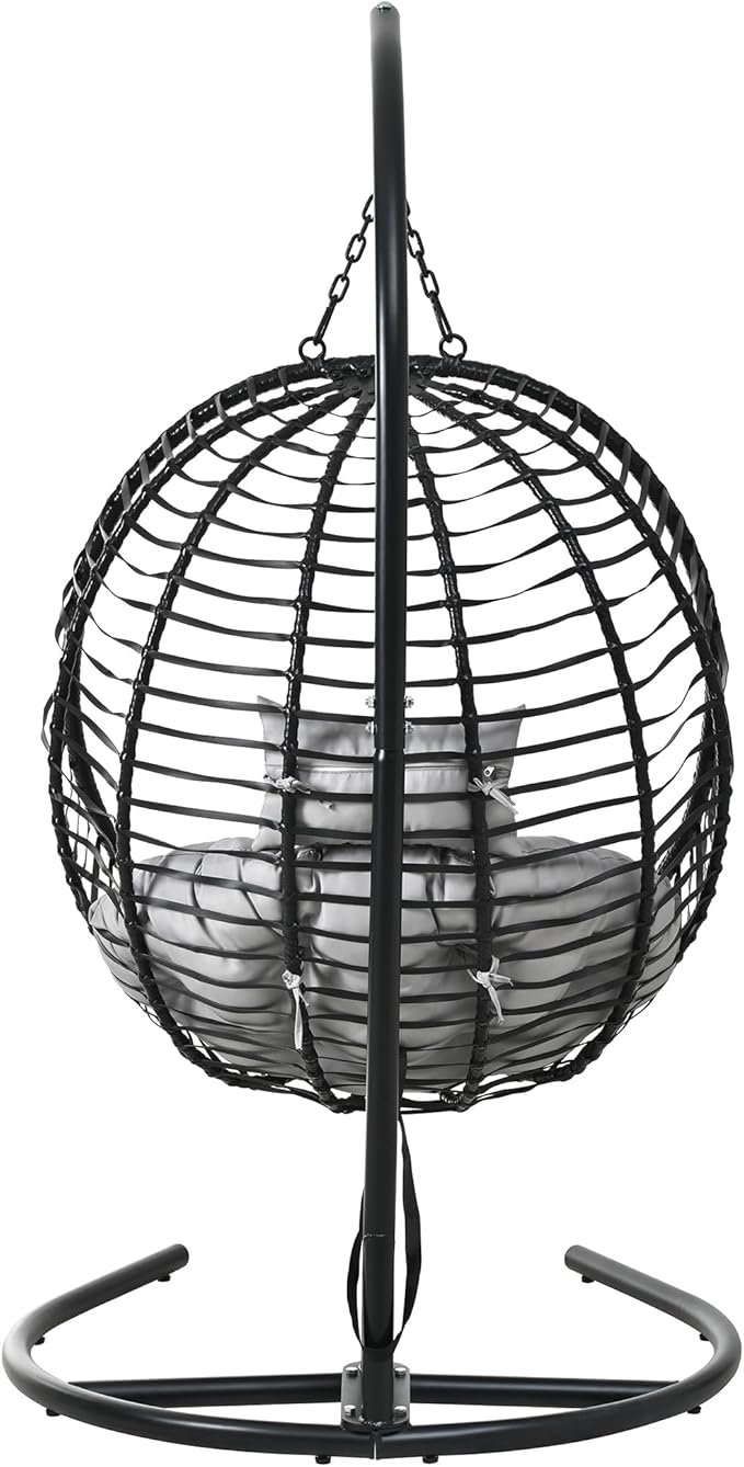Folding Egg Chair, Outdoor Hanging Hammock Chair with Stand, Patio Wicker Hanging Chair with Iron Frame and Plush Cushion & Removable Headrest for Bedroom, Balcony, Garden (C-BlackGrey)
