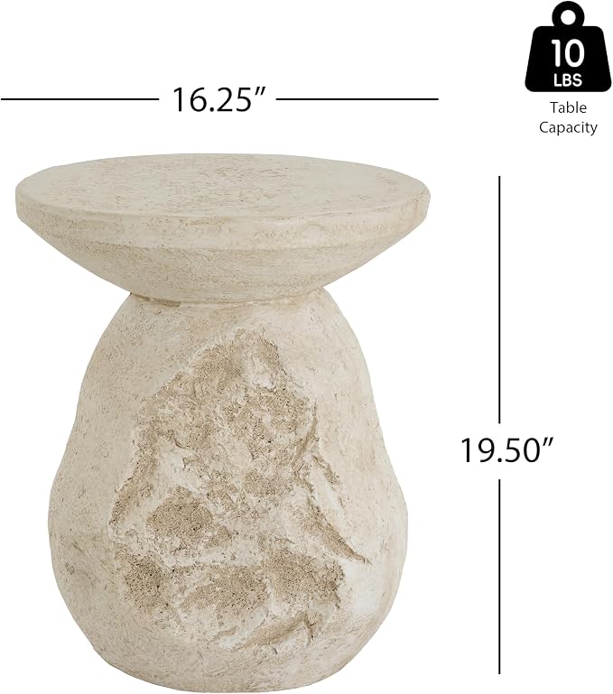 Clare Outdoor Patio MGO Side Table, Organic Pear-Shaped Accent End Table, Natural Beige Stone-Look Finish, Lightweight Sturdy Modern Side Stand for Patio Balcony Living Room Garden