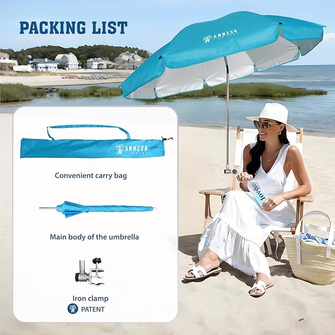 AMMSUN Chair Umbrella with Universal Clamp Adjustable 47 inches and 360° Swivel & UPF 50+ Protection Portable Sun Umbrella, Secure Clip on Camping/Beach Chairs, Stroller, Wheelchair, Golf cart, Lounger, Light Blue, Large-sized