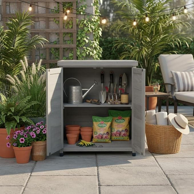 Gray Wood Outdoor Storage Box and Potting Bench with Metal Table Top, Weather-Resistant Deck Box for Patio Garden Tools, Sturdy X-Frame Work Station, 31 x 17 x 36 Inches