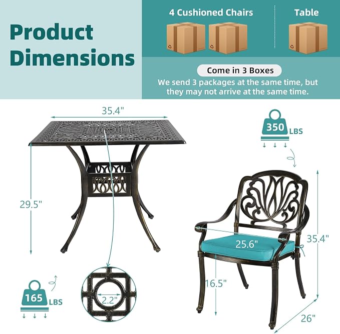 MEETWARM 5-Piece Outdoor Patio Dining Set, All-Weather Cast Aluminum Patio Conversation Set for Backyard Garden Deck with 4 Chairs, 4 Cushions and 35.4" Square Table, 2.2" Umbrella Hole, Ocean Blue