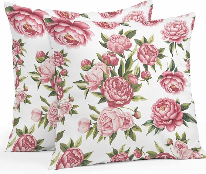Vandarllin Outdoor Throw Pillows Covers 16x16 inch Set of 2 Waterproof Pink Rose Floral Decorative Zippered Cushion Covers for Patio Furniture, Leaves Flowers Lumbar Pillowcases