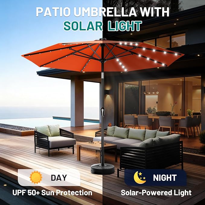 AreShark 9FT Patio Umbrella with Solar Lights, 32 Lighted Pool Umbrella w/Tilt and Crank, Outdoor Market Solar Umbrellas for Garden, Deck, Backyard, Pool and Beach, Orange