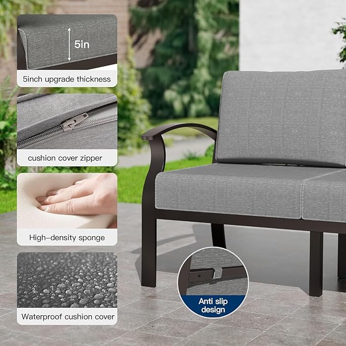 Kullavik Aluminum Patio Furniture Set,7 Pieces 7 Seat Metal Outdoor Furniture Conversation Set w/45 Propane Gas Fire Pit,Swivel Rocking Chairs Set,Grey