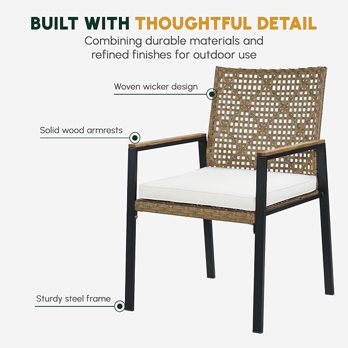 BEEFURNI Wicker Patio Furniture Dining Set, Outdoor Patio Table and Chairs Set, Rattan Outdoor Furniture Set, Acacia Wood Table, Chairs, Weather Proof Set for Porch, Backyard (Brown) (Brown, 5 PCS)