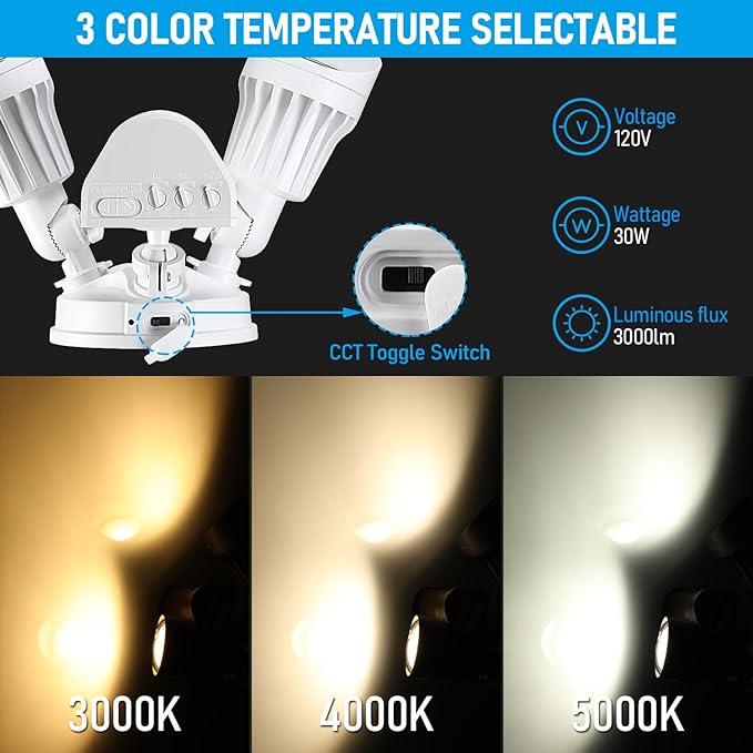 LEONLITE 3CCT LED Security Light, Motion Sensor Outdoor Lights, Dusk to Dawn, ETL Listed, Adjustable Heads, 3000K4000K5000K Selectable, Motion Detector Flood Light, Aluminum, IP65 Waterproof, White