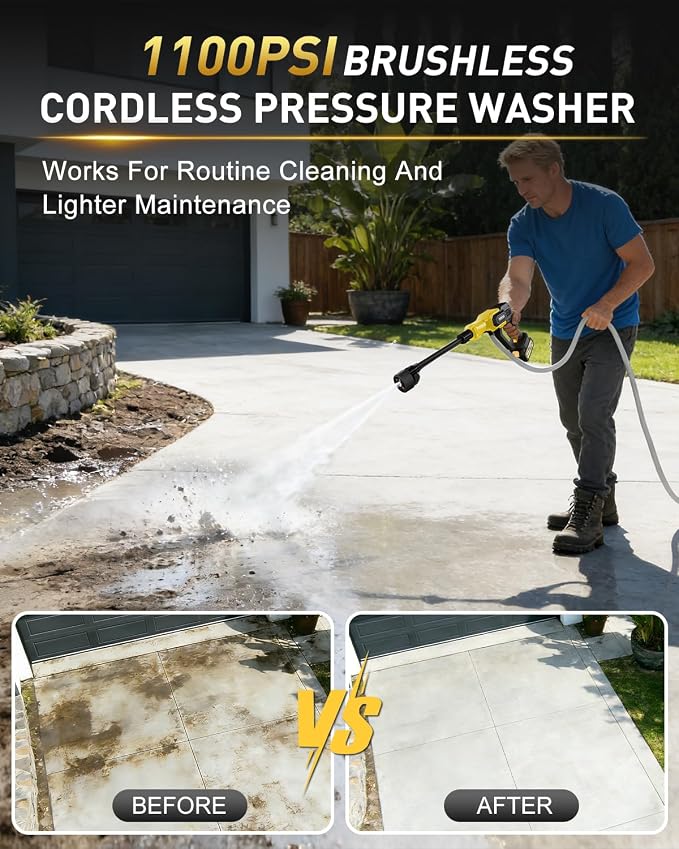 1100PSI Cordless Portable Washer with 2 Batteries, Brushless Motor, 6-in-1 Nozzle,3 Level Adjustable Handheld Washer for Car,Home,Patio, Driveway