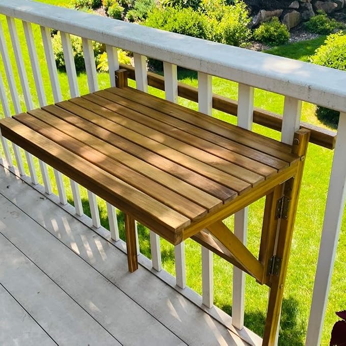 Patio Wise Outdoor Folding Balcony Table, Foldable Acacia Wood Deck Bar, Portable Apartment, Balcony, Railing, & Porch Furniture, 27-Inches W x 15 3/4-Inches D x 31.97-Inches H, Teak