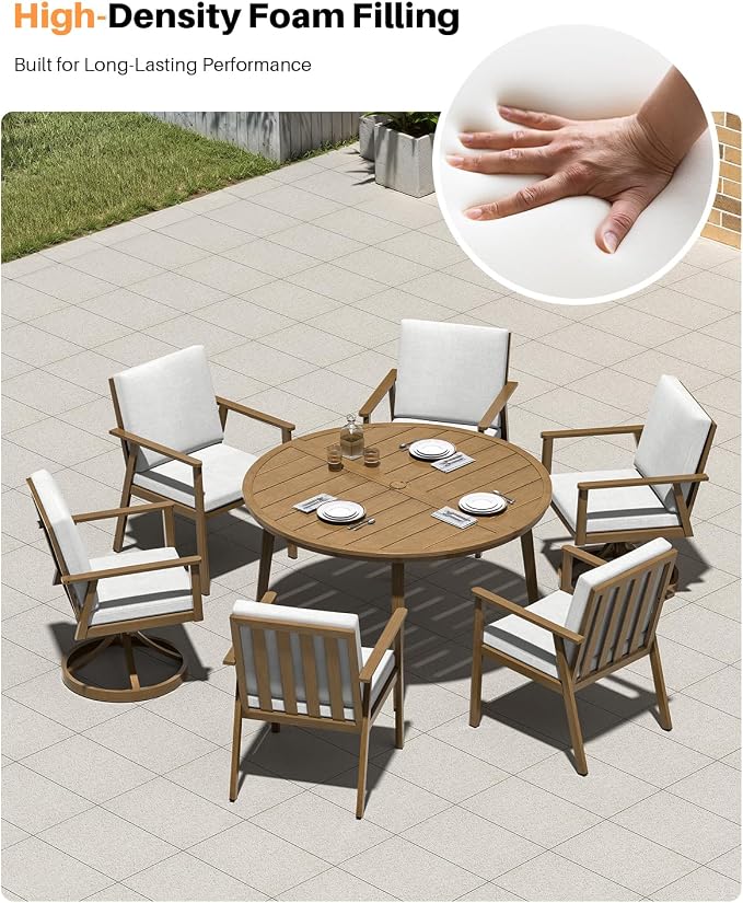 7 Pieces Teak Round Patio Dining Set, Aluminum Outdoor Dining Set Includes Oversize Round Dining Table, 4 Dining Chairs & 2 Swivel Chairs, Outdoor Table and Chairs Set for Yard, Deck, Lawn