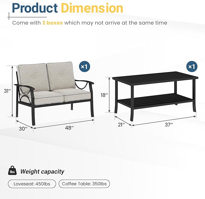 RoyalCraft Outdoor Patio Furniture Set, 3 Piece Patio Conversation Set, Metal Furniture Set for Porch Backyard,Khaki with Gray Cushions