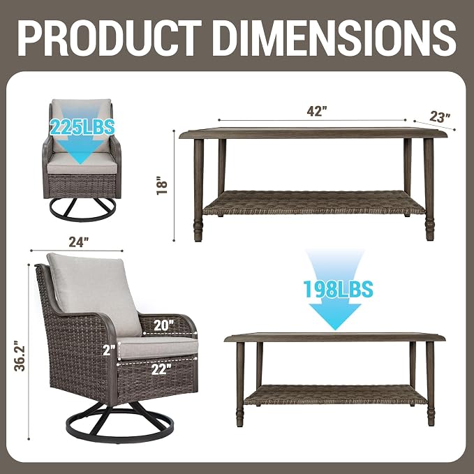 5 Piece Wicker Patio Furniture Set, Outdoor Conversation Set with Deep Seating Swivel Chairs Set of 4 and Rattan Coffee Table, Outdoor Furniture Set for Porch Balcony Garden Poolside (Brown/Beige)