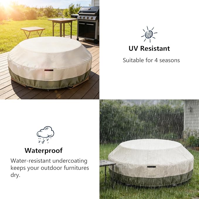 Bitubi Heavy Duty Waterproof Octagon Picnic Table Cover for 6/8-Person Outdoor Bench Patio Round Picnic Table, Beige