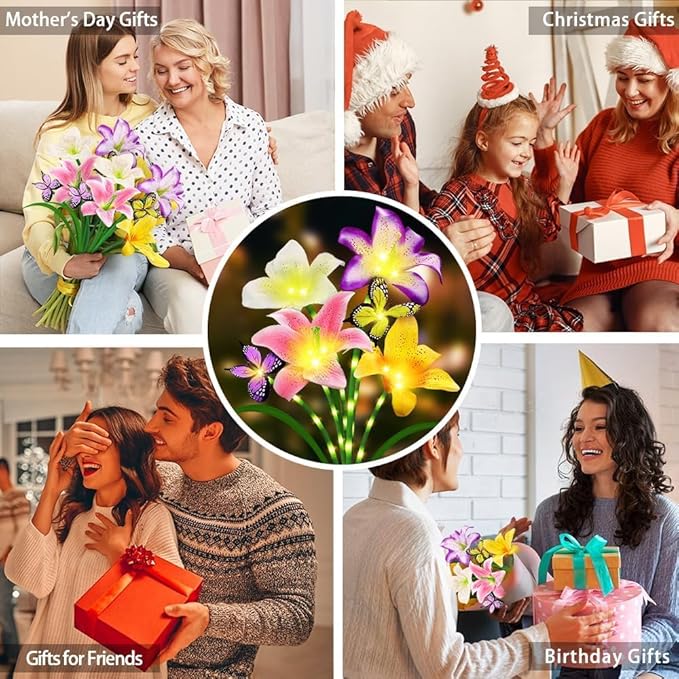 Solar Lights Outdoor, Gift for Women Mom Grandma Wife, 6 Pack 24 Solar Lily Flower Lights With 16 Butterfly Decor Solar Flower Lights Waterproof Outside Decor Stake Light for Landscape Yard Patio Lawn