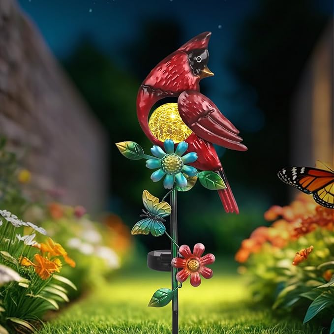 Cardinal Decor Solar Garden Stakes Outdoor Decorative Waterproof Metal Garden Sculpture Cardinal Solar Lights for Outside Lawn Yard Patio Cemetery Decoration Red Bird Gardening Gifts for Women