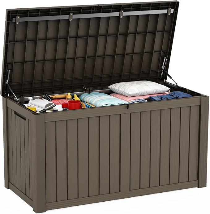 Pepe Tee 150 Gallon Waterproof Resin Deck Box, Outdoor Storage Bin for Patio Furniture Cushions, All-Weather Garden Organizer & Seating Bench, Coffee