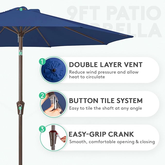 JEAREY 9FT Outdoor Patio Umbrella Outdoor Table Umbrella with Push Button Tilt and Crank, Market Umbrella 8 Sturdy Ribs UV Protection Waterproof for Pool, Deck, Backyard, Garden (Blue)
