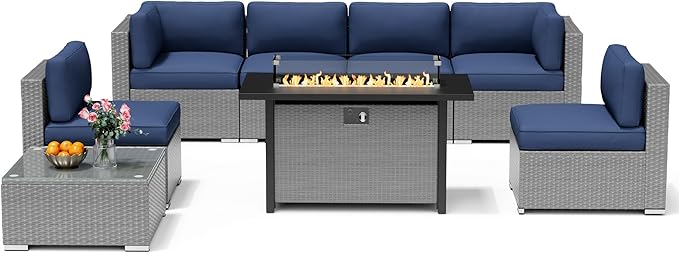 8 Pieces Outdoor Patio Furniture Set with 45” Propane Gas Firepit Table, Grey Wicker Patio Sectional Sofa Set, Outdoor Couch with Cushion and Tempered Glass Table, Dark Blue