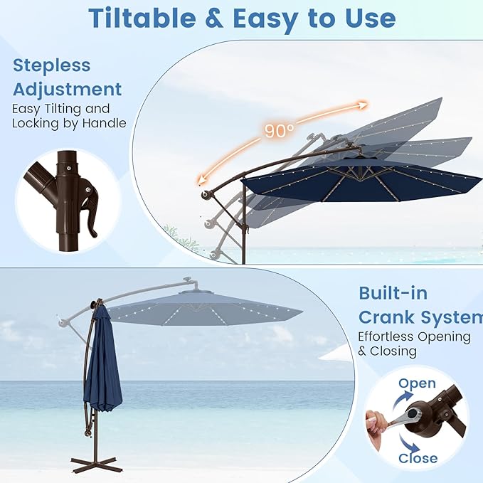 Tangkula 10FT Offset Patio Umbrella with Base Included, Outdoor Cantilever Umbrella with 40 Solar LED Lights, Tilt Adjustment, Crank Handle, Vented Top, Sand Bags for Pool Yard Deck (Navy)