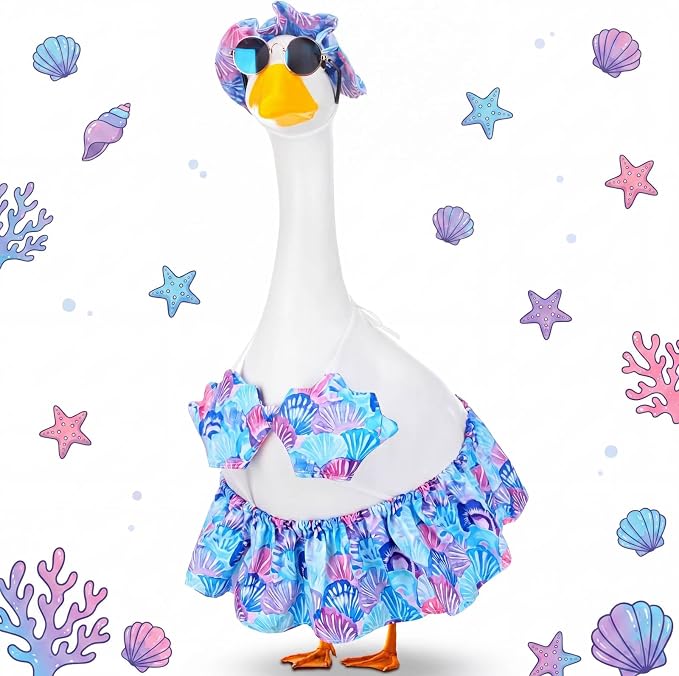 Abbylike Bikini Porch Goose Outfit Summer Hawaiian Goose Clothes Printed with Seashells Sun Hat Sunglass Fits 23'' Statue Cement Costume for Beach Yard Garden Lawn Pathway Patio Pool Decoration