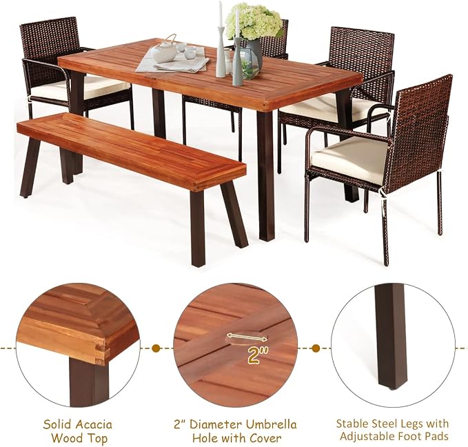Tangkula 6 Piece Acacia Wood Patio Dining Set, Patiojoy Outdoor Wicker Furniture Set w/Bench, 4 Cushioned Rattan Chairs & Wood Table with Umbrella Hole, Ideal for Backyard Garden Porch
