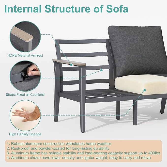 5-Seat Outdoor Patio Furniture Set Aluminum Sectional Sofa Set, Patio Conversation Set with High Backrest & Thickened Cushions for Garden, Backyard, Poolside, Dark Grey