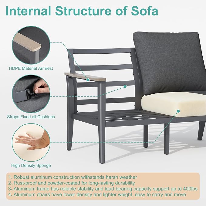 Aluminum Outdoor Patio Furniture Set with Swivel Rocking Chair 7-Seat, Patio Conversation Set Sectional Furniture Set with High Backrest & Thickened Cushions for Backyard, Dark Grey
